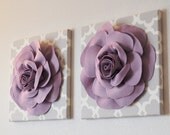 TWO Wall Flowers -Lilac Rose on Gray and White Tarika Print 12 x12" Canvas Wall Art- Baby Nursery Wall Decor-