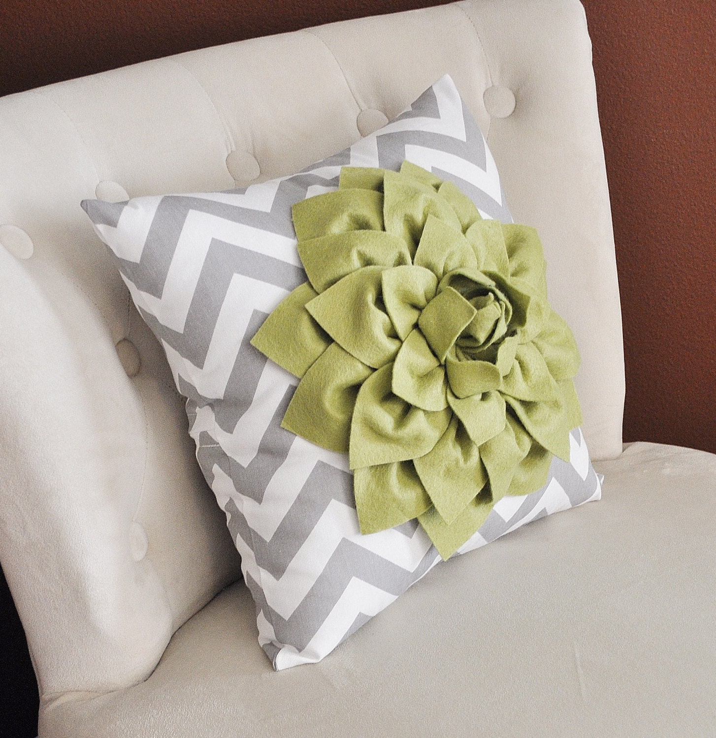 Sage Green Dahlia on Gray and White Zigzag Pillow -Chevron Pillow-