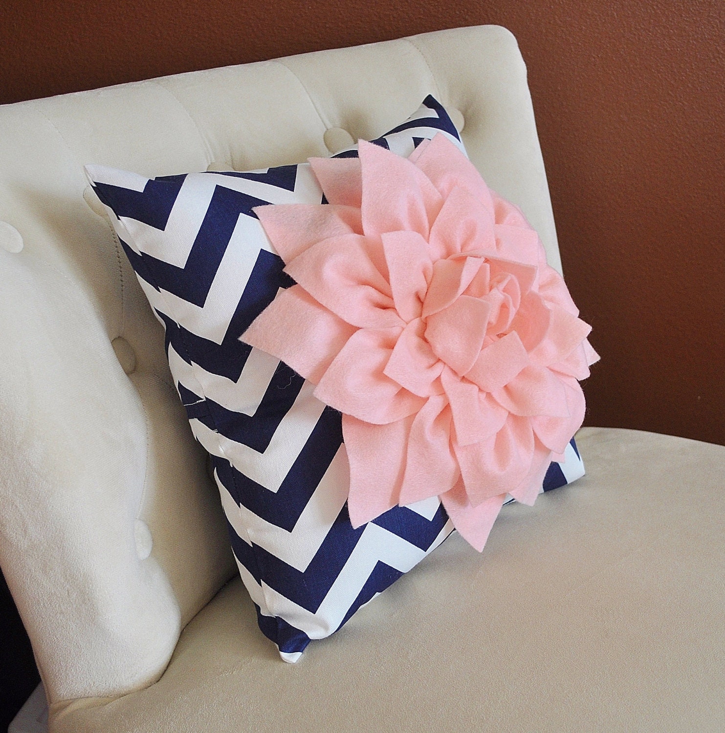 Light Pink Dahlia on Navy and White Zigzag Pillow -Chevron Pillow-