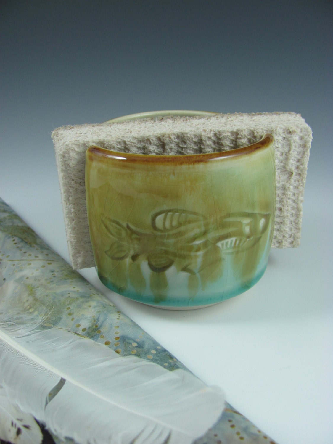 Porcelain Ceramic Sponge Holder in Aqua Blue Green with Fish, Handmade by Licia Lucas Pfadt