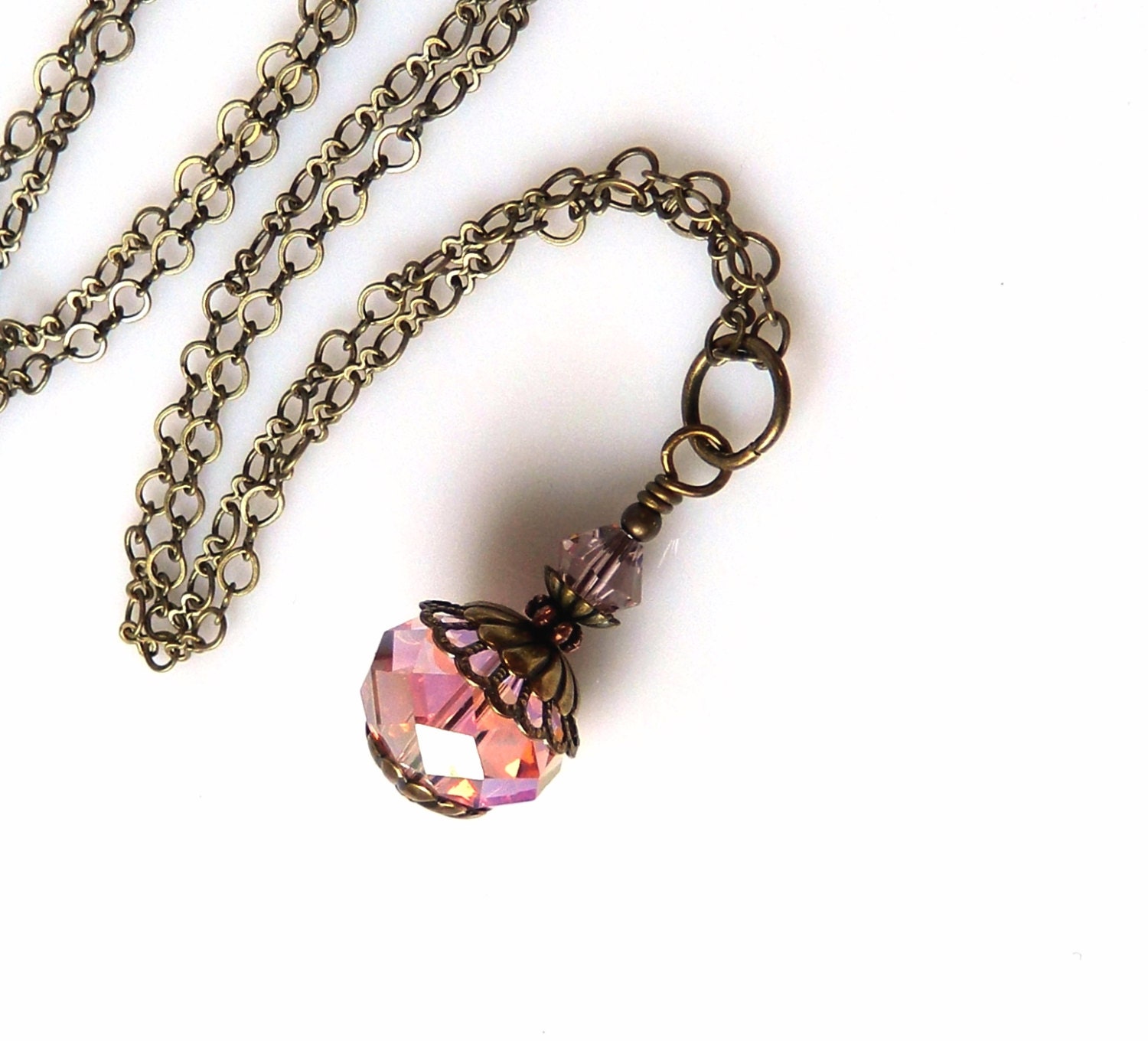 Pink Rose Necklace Pastel Neo Victorian Swarovski Crystal Antique Brass Vintage Style Bridal Necklace Wedding Jewelry