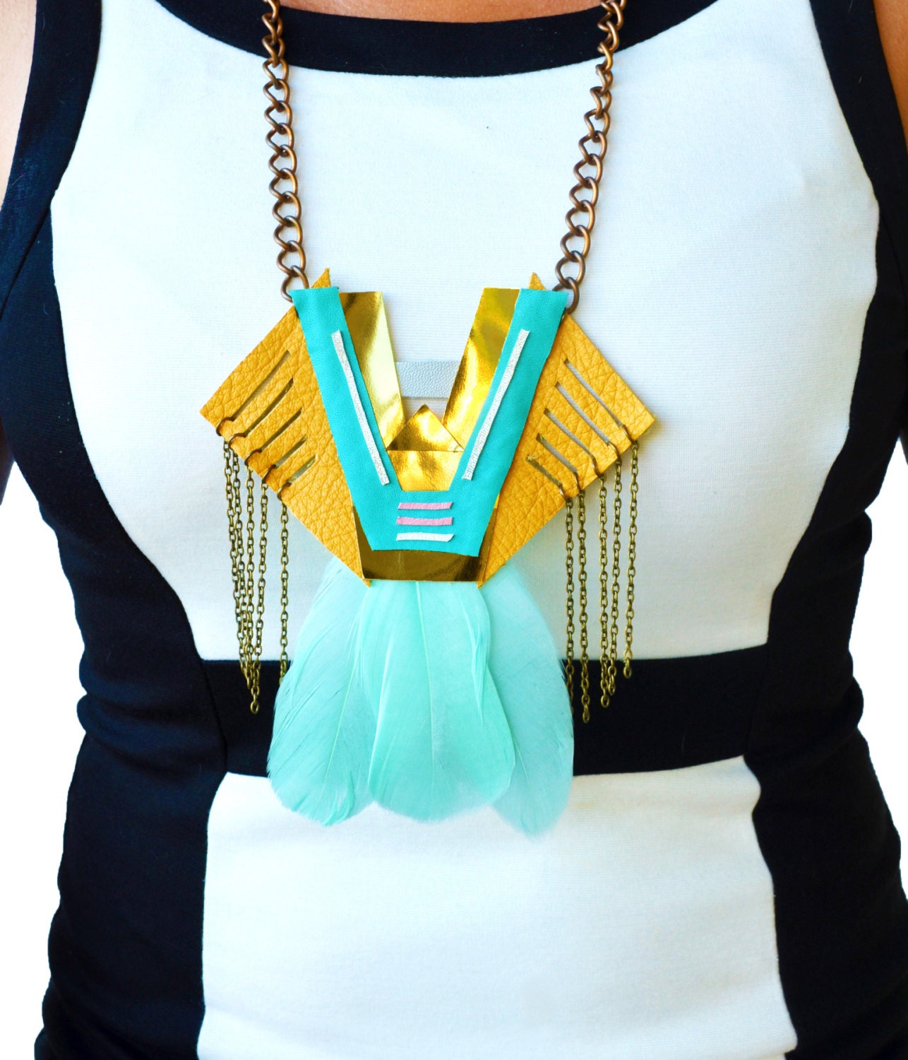 Neon Statement Necklace Geometric Art Deco Triangles and Teal Feathers