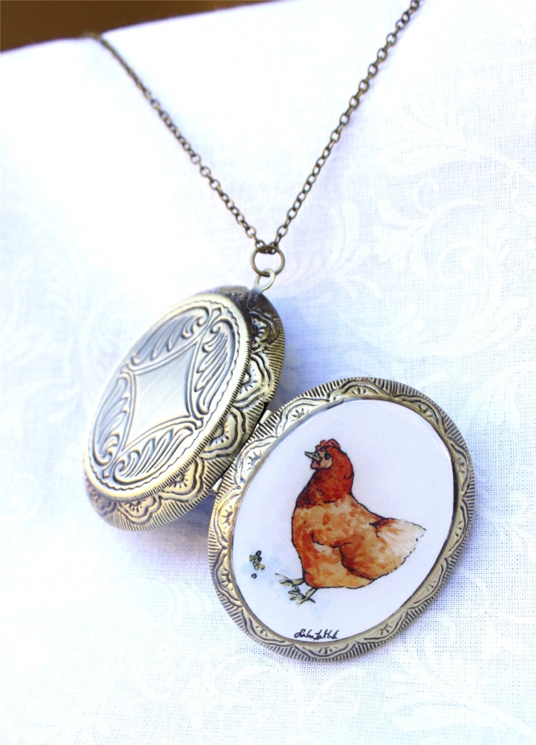 Little Red Hen locket necklace, wearable art jewelry, rustic chicken necklace LIMITED EDITION