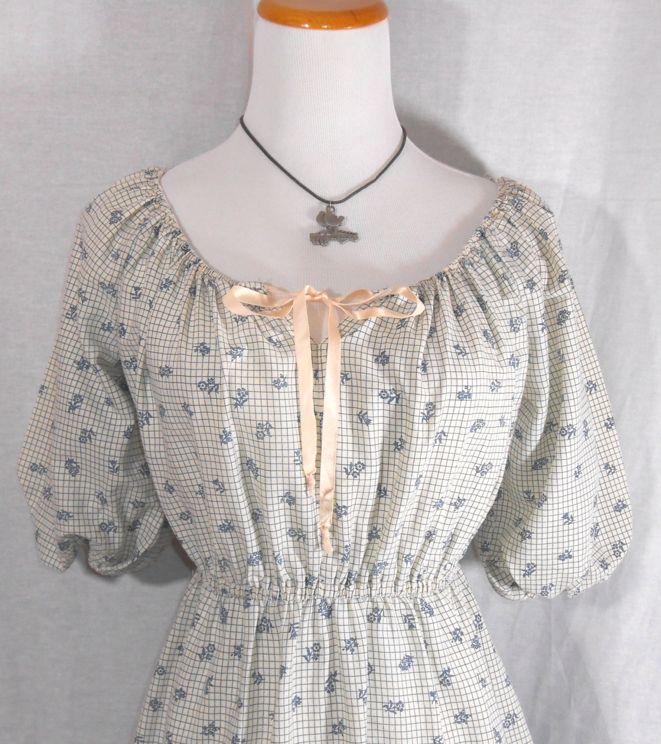 Blue Calico Print Prairie Dress 70's Womenswear Women's Clothing