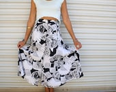 1980s ESPRIT skirt // high-waisted flowy rayon black and white skirt