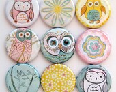 Owl Magnets - Button Magnets - Set of Nine 1.25 Inch Button Magnets in a Tin