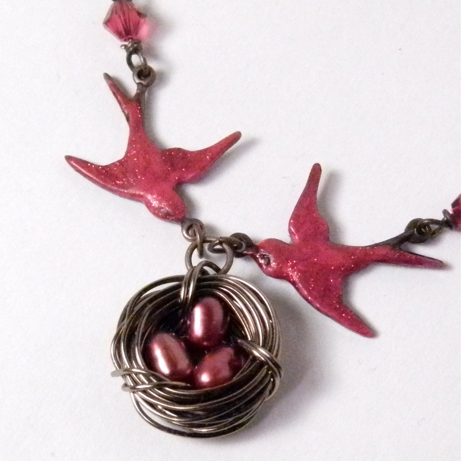 Love Birds - Family Birds Nest Necklace - Ruby Freshwater Pearls - Antique Brass - Mother & Father Bird with Nest