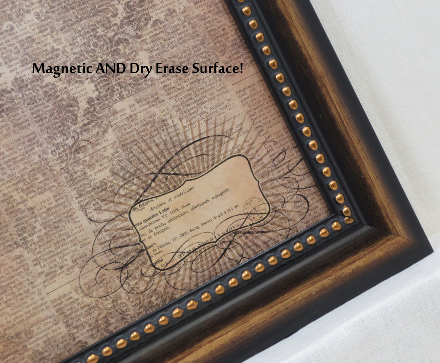 Magnetic Memo Board - Wall Decor - Dry Erase Board - Magnet Board - Framed Bulletin Board - Antique Newsprint Design - includes magnets