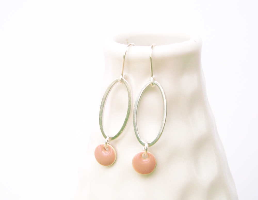 Silver Dangle Earrings - Enamel Jewelry, Pink, Simple, Modern Jewellery, Romantic, Pastel