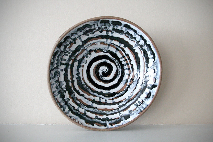 Rustic Large Stoneware Bowl / White Grey Black and Brown / Whirled and Dripped Spiral Glaze / "WHIRLPOOL"