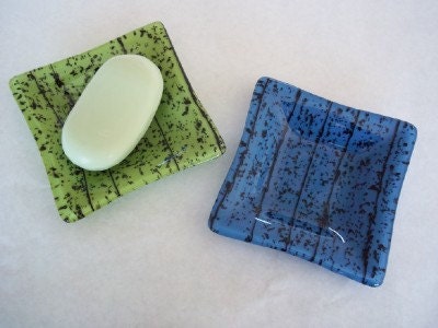 DISH - Blue or Green with Black Fused Glass Dish, Soap Dish, Ring Keeper