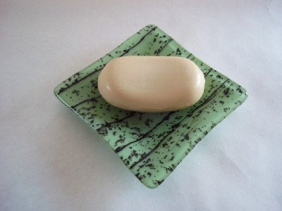 DISH - Cool Mint Green and Black Fused Glass Dish, Soap Dish, Ring Dish, Valet