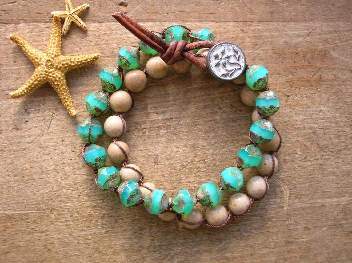Boho knotted bracelet, Bohemian jewelry wrap bracelet, Elements - Oasis - indie, beaded stack bracelet, beach jewelry, aqua, jasper