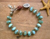 Aqua knotted bracelet - Summer Fling - Boho beach jewelry, leather bracelet, hearts, aquamarine, artisan bronze charms sundance