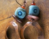 Rustic Blue Glass Earrings with Hand Forged Copper Hoops