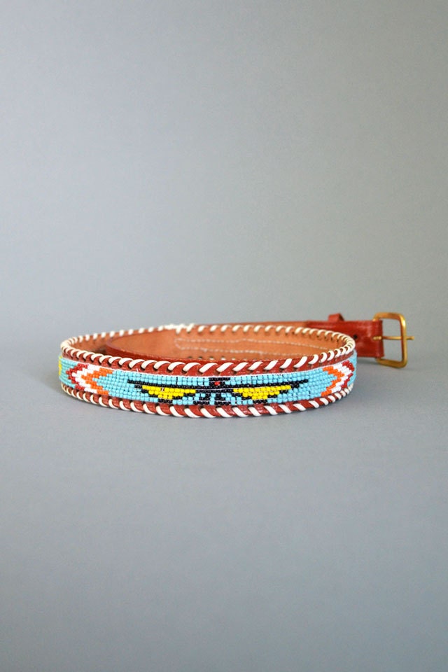 Thunder Bird Native Beaded Leather Skinny Belt