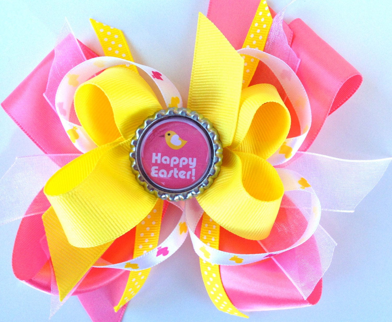 Layered Hair Bow with Happy Easter Bottle Cap Center