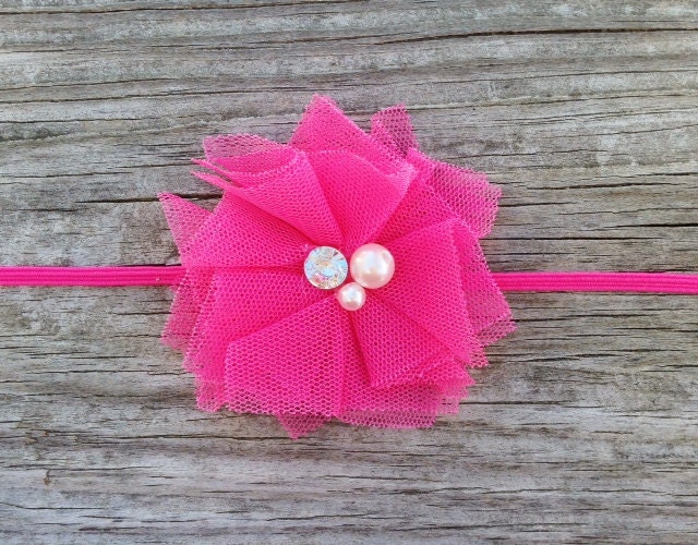 Hot Pink Shabby Chic Tulle Flower Headband - Baby Headbands - Newborn Headbands - Toddler Headband.. Free Shipping Promo