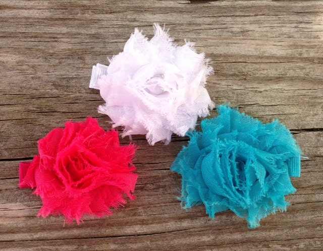 Mini Shabby Flower Hair Clip Set in White, Turquoise, and Hot Pink - Toddler Hair Clips - Girls Hair Accessories... Free Shipping Promo