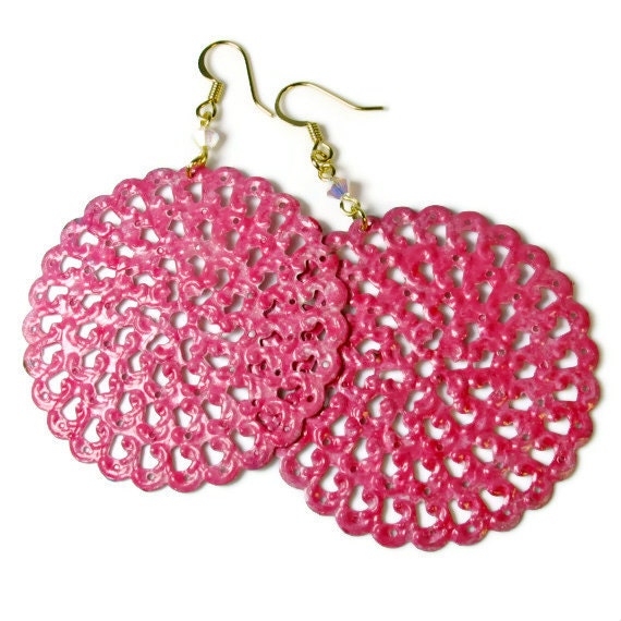 Rose Pink Earrings, Disc Earrings, Filigree Jewelry