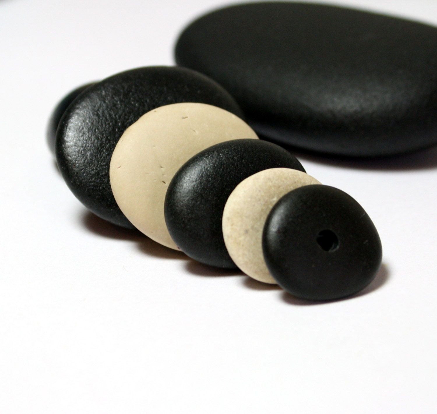 Black Beach Stones Jewelry- Drilled White Pebbles- Ebony River Rocks for Sale- "Gothic Spacer" by Allybeans