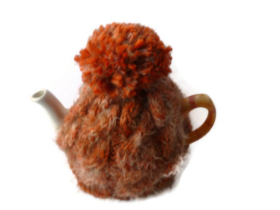 hand knitted tea cosy cosie orange cable wool uk seller