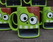 Nom Nom Nom BRAINS - Whimsical Zombie Ceramic Cookies and Milk Dunk Mug - Lime Green - Ready to Ship