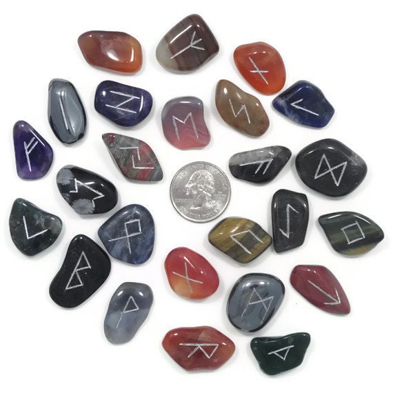 Reg Mixed Stones Rune Set Hand Carved Elder Futhark with Manual & Pouch