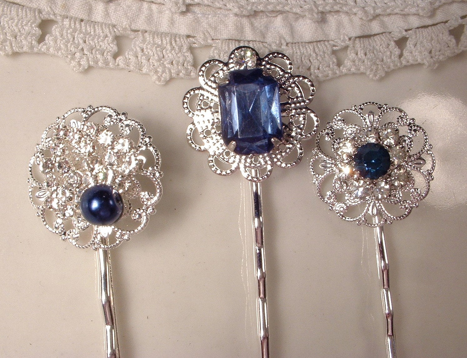 Vintage Navy Blue & Clear Rhinestone and Pearl Silver Bridal Hair Pins - Heirloom Jeweled Hair Clips Set of 3, Bridesmaids Gift