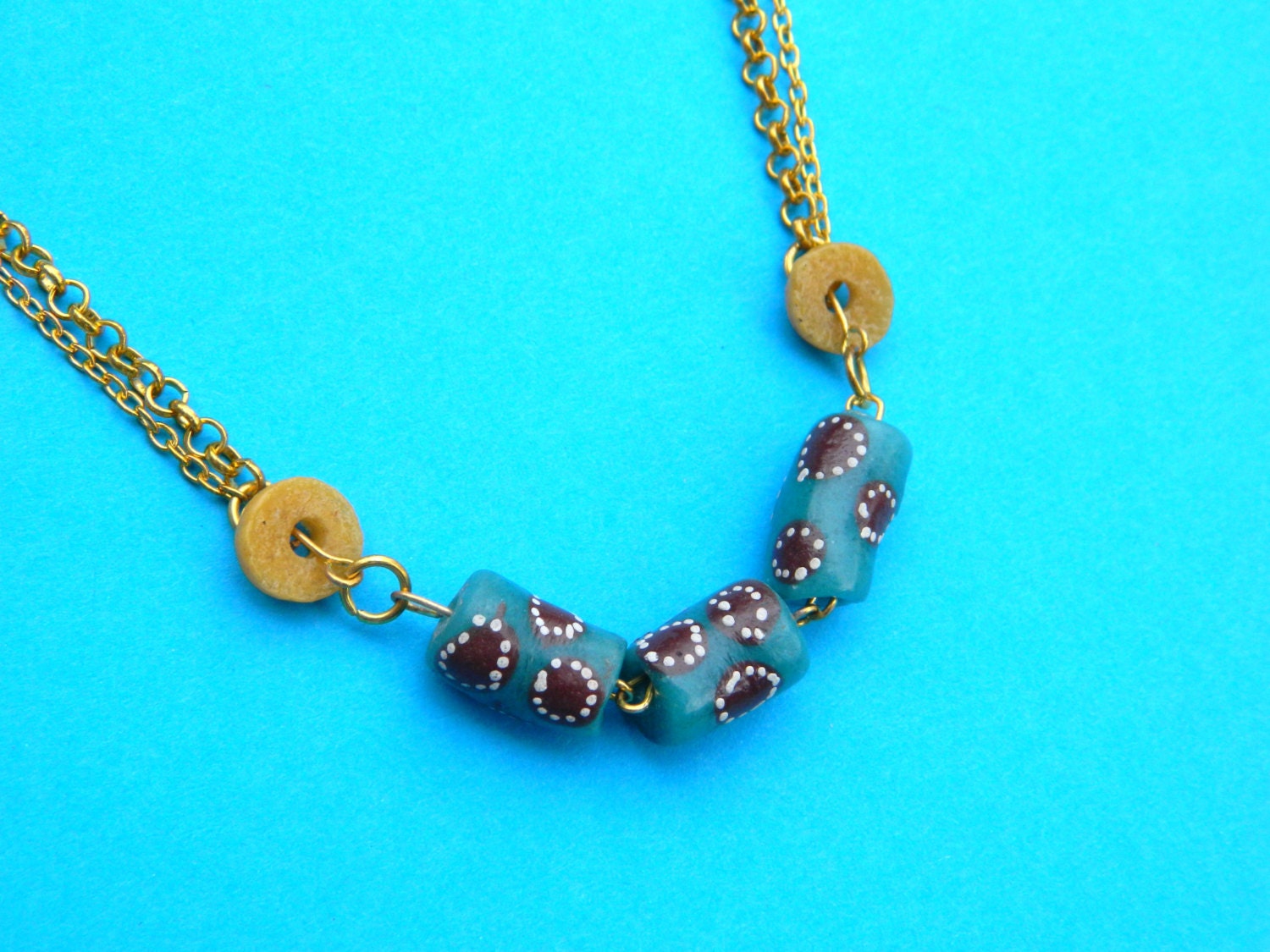 African Bead Necklace, Jade and Brown Necklace, Gold chain Bead Necklace