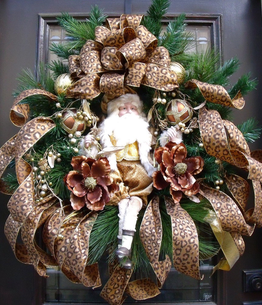 Flirty Leopard Christmas Wreath, Safari Santa Wreath, Christmas Door Wreath, XXL Wreath