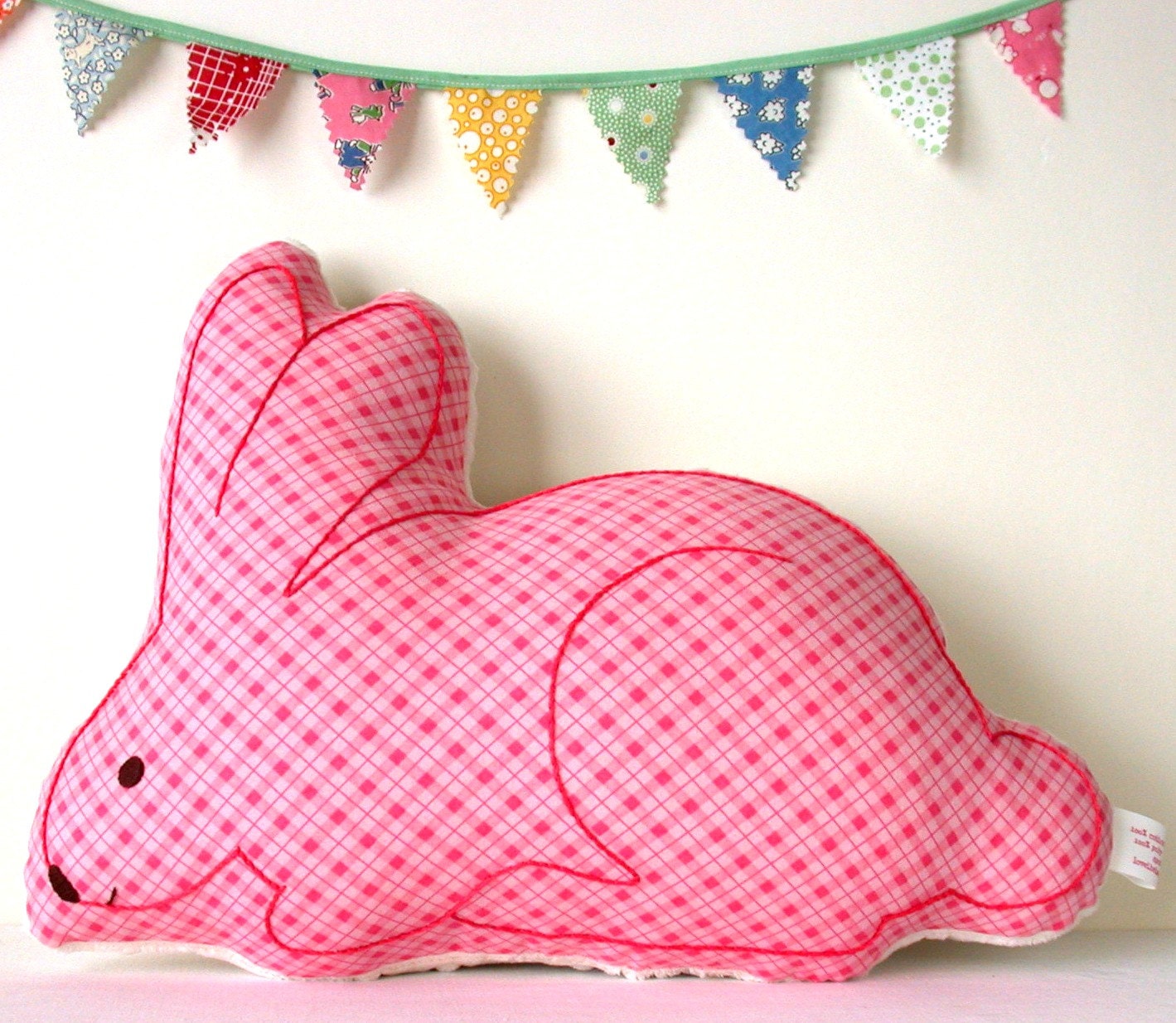 Embroidered Bunny Rabbit Pillow in Pink Plaid