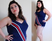 Plus Size Vintage 1960s Swim Suit Bathing Suit Blue with Red Stripe Pin Up // Beach Ready Fashion // Size 16-18-20