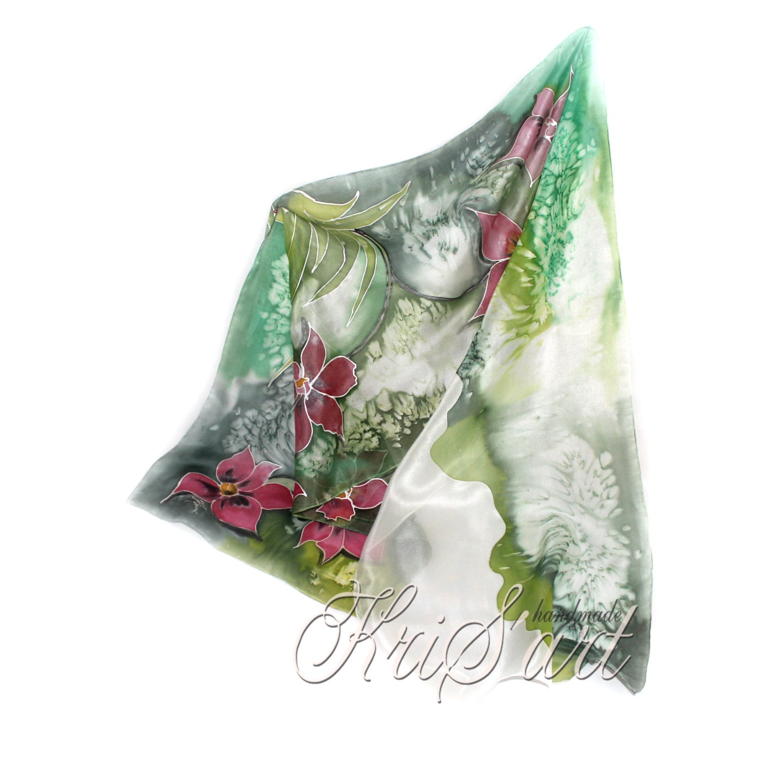 Hand Painted Silk Scarf, Long, Floral, Pink Flowers, Emerald, Green and White