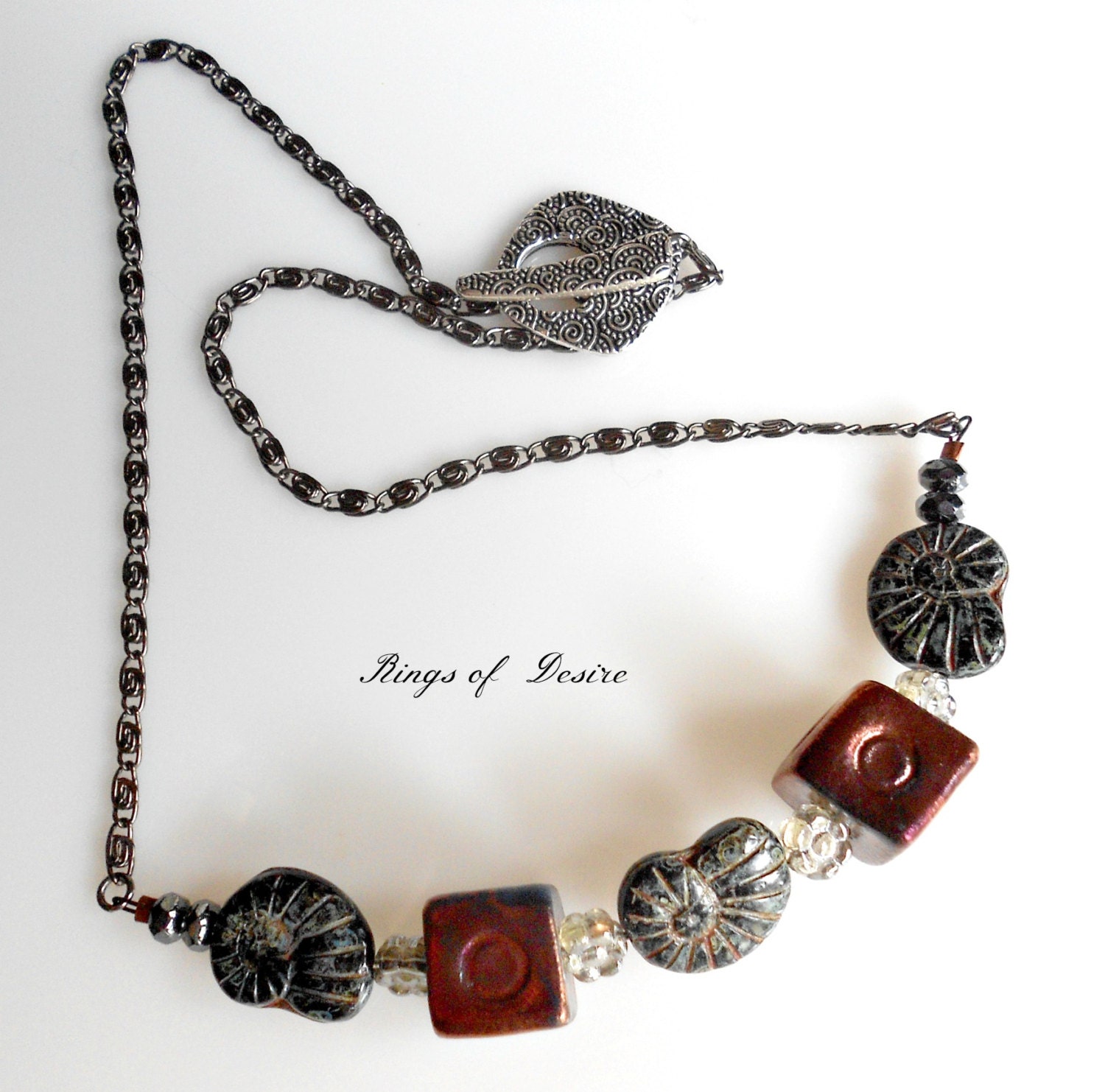 Necklace Copper Raku Pottery Cubes, Black and Green Czech Glass Nautilus Beads, Gun metal Chain