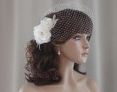 Birdcage Veil with Flower Fascinator-Bridal Birdcage Veil-Bandeau Birdcage Veil & Flower Fascinator-VS103