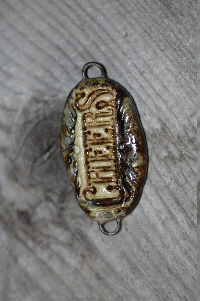 Ceramic pendant connector  Handmade Artisan  Stoneware Clay Cheers art bead organic earthy