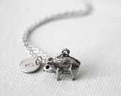 Tiny Piggy Necklace. antique silver pig with personalized Initial charm