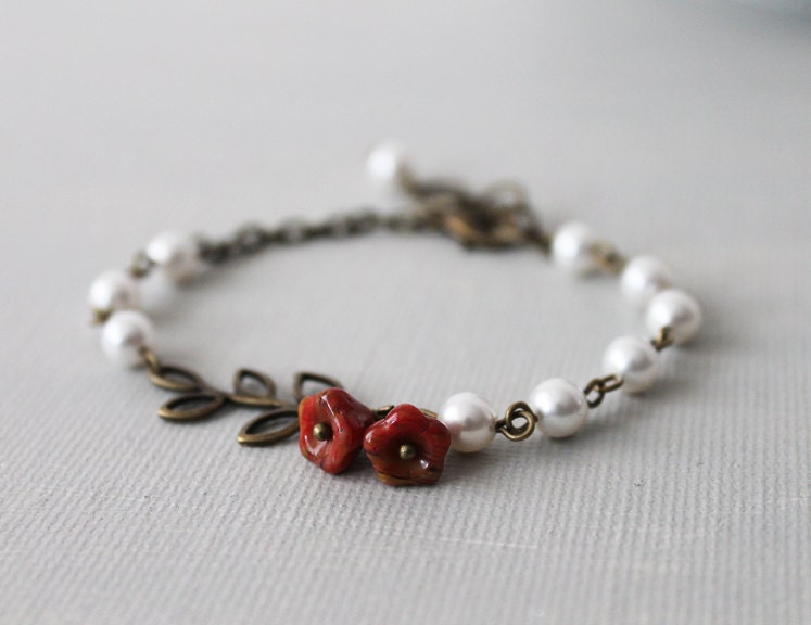 Leafy Branch Bracelet. antique brass leaves, pearls, and red flowers