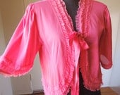 Vintage Hot Pink Bed Jacket, Ruffled with Bow, Nylon, Pin Up, Small to Medium to Large OSFM