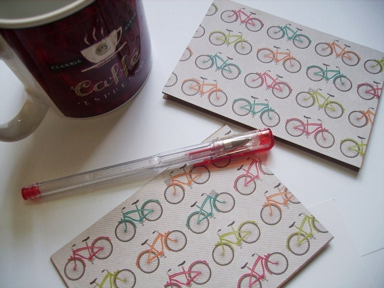 Bicycle Note Cards - Bikes Bicycles Kraft Note Card Set, Bike Stationery Thank You Notes, Red Teal Lime Green Orange