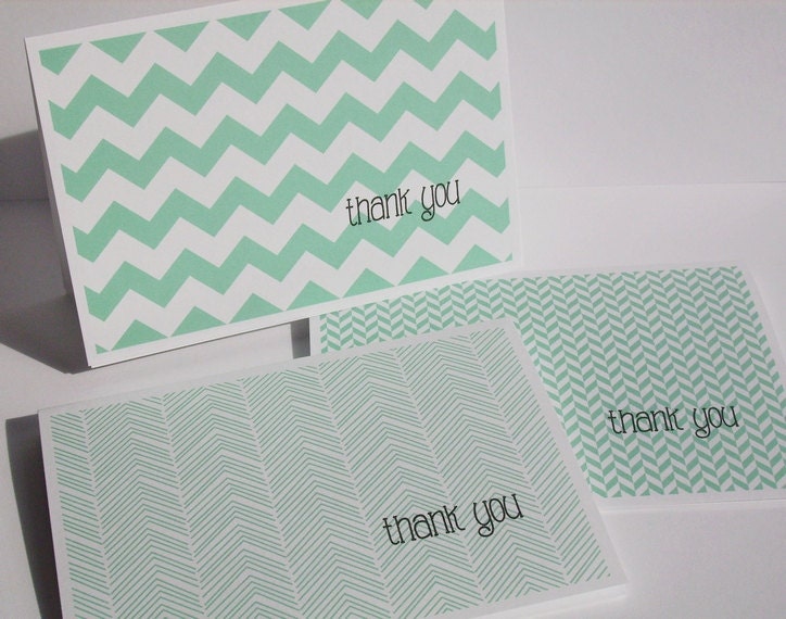 Modern Thank You Cards - Mint Thank You Notes, Chevron Stripes Herringbone Geometric Stationery Set Bright Aqua Mint Thank You Card Set