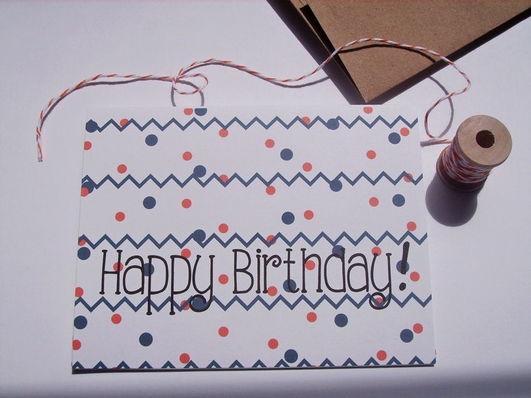 Birthday Card - Polka Dots Chevron Birthday Greeting Card, Modern Dots Chevron Stripes Orange Navy Blue Happy Birthday Card