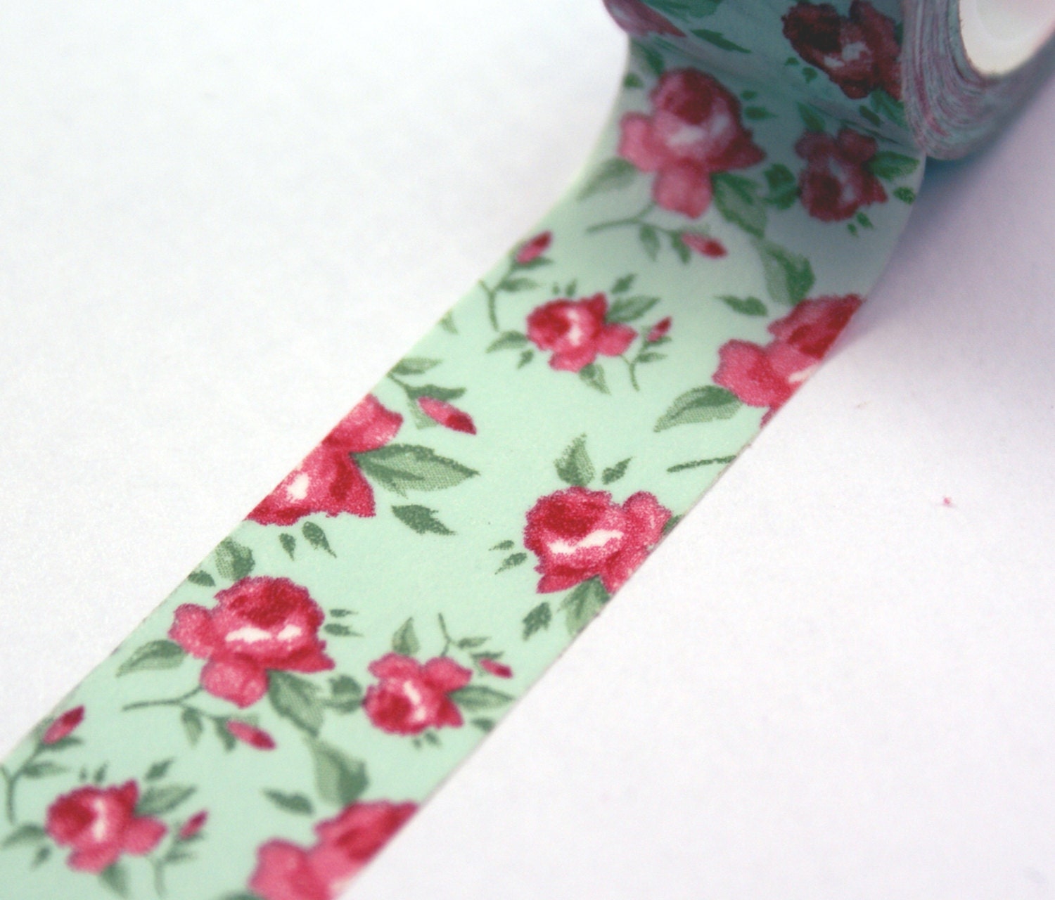 Red garden roses on pale MINT GREEN - Chugoku Washi Paper Masking Tape-11 Yards