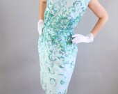 1950s Pastel Blue Green Print Wiggle Party Dress. Mad Men Fashion. Cocktail Dress. Romantic Dress. Weddings Bridesmaid. Summer