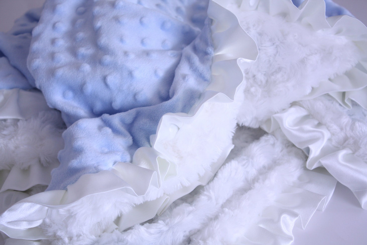 Cuddly Satin Ruffle Minky Baby Blanket - Light Blue Dot Minky and White Rose Minky