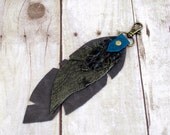 Leather Feather Bag Charm or Key Fob in Distressed Grey Leather