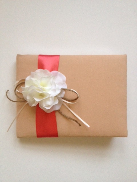 Rustic Wedding Guest Book - White Hydrangeas - Tea Dyed Muslin and Coral Ribbon With Ivory - Handmade - FREE Shipping