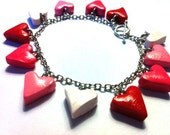 Red and Pink Heart Charm Bracelet - Valentine Jewelry - Handmade with Polymer Clay - Unique - Gift Under 20, 25, 30