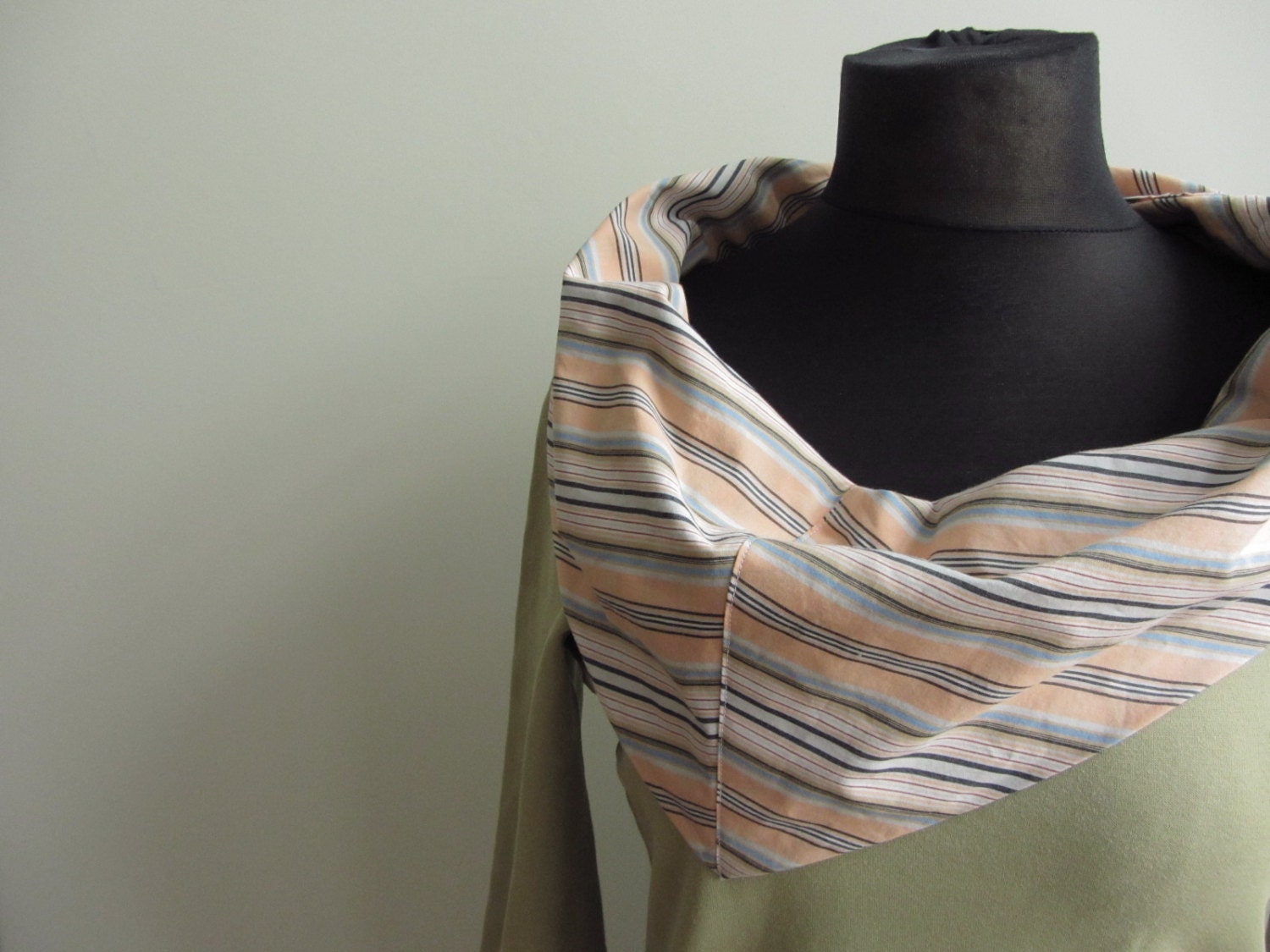 Orange Striped Cowl Neck Avocado Green Tshirt / Upcycled Clothing / Women Tops T-shirts / cowl neck made from mens dress shirt